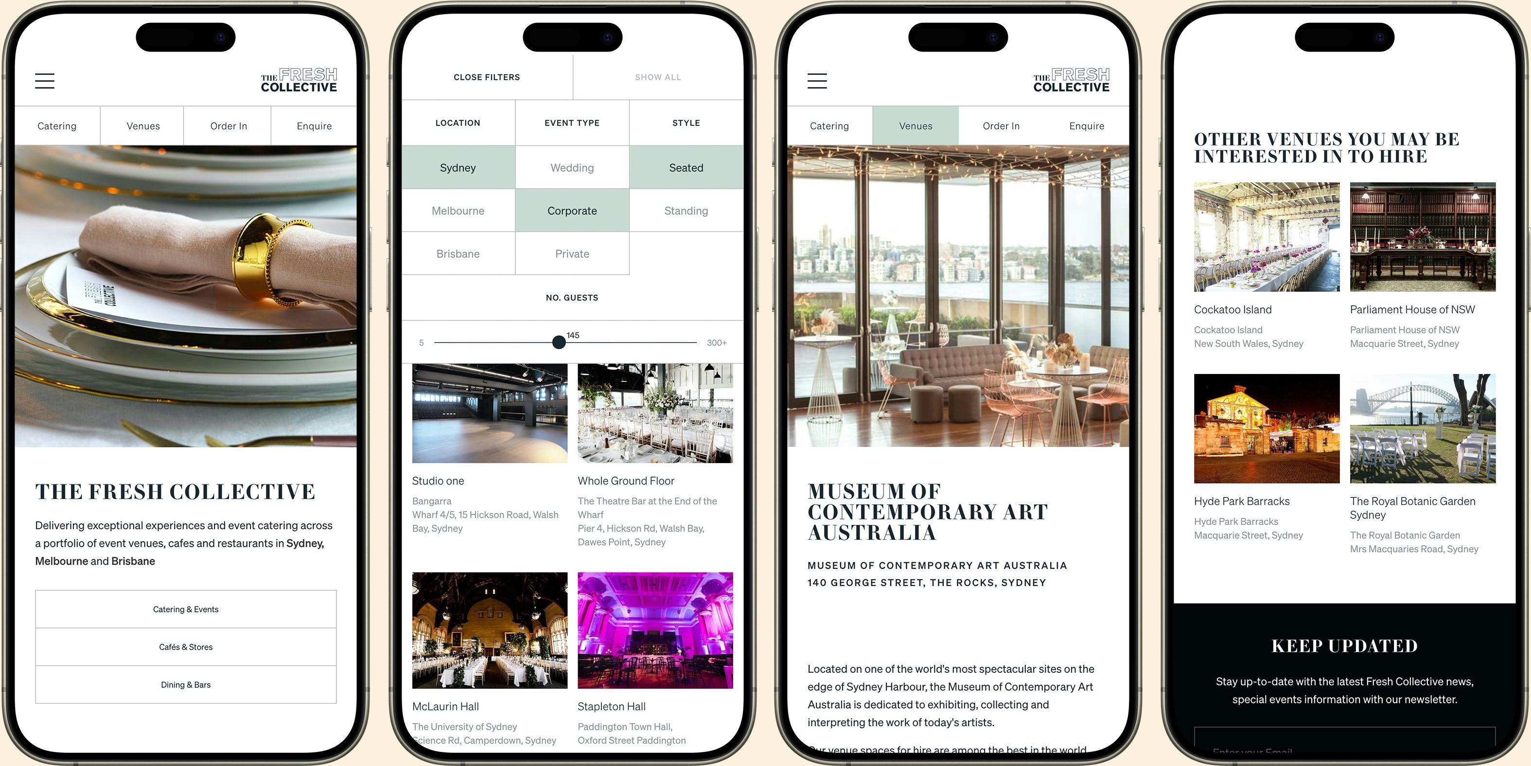 Fresh Collective website on 4 iPhones the screens show the venue filtering process