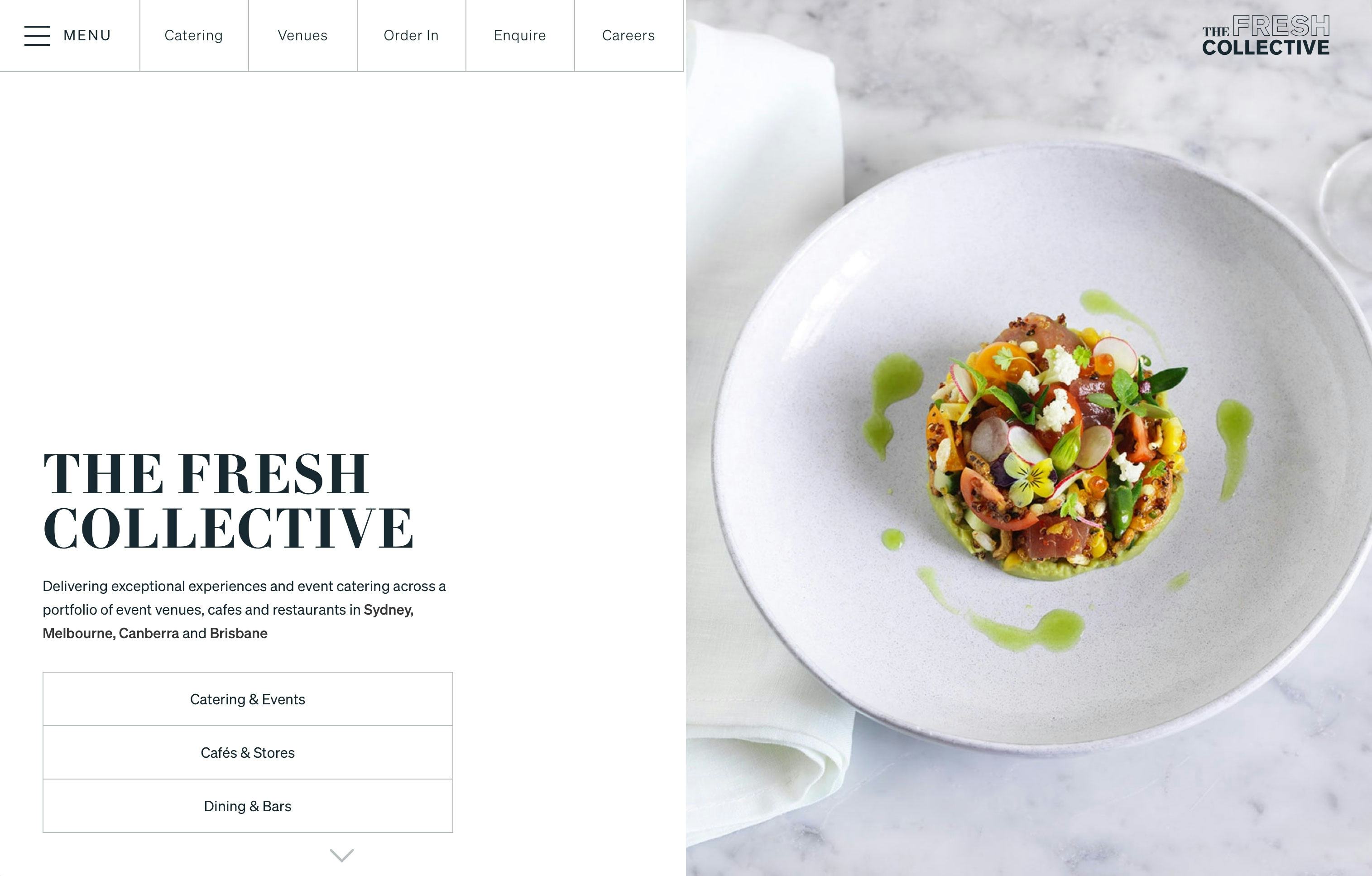 The Fresh Collective home page - text on the left and photo of food on the right