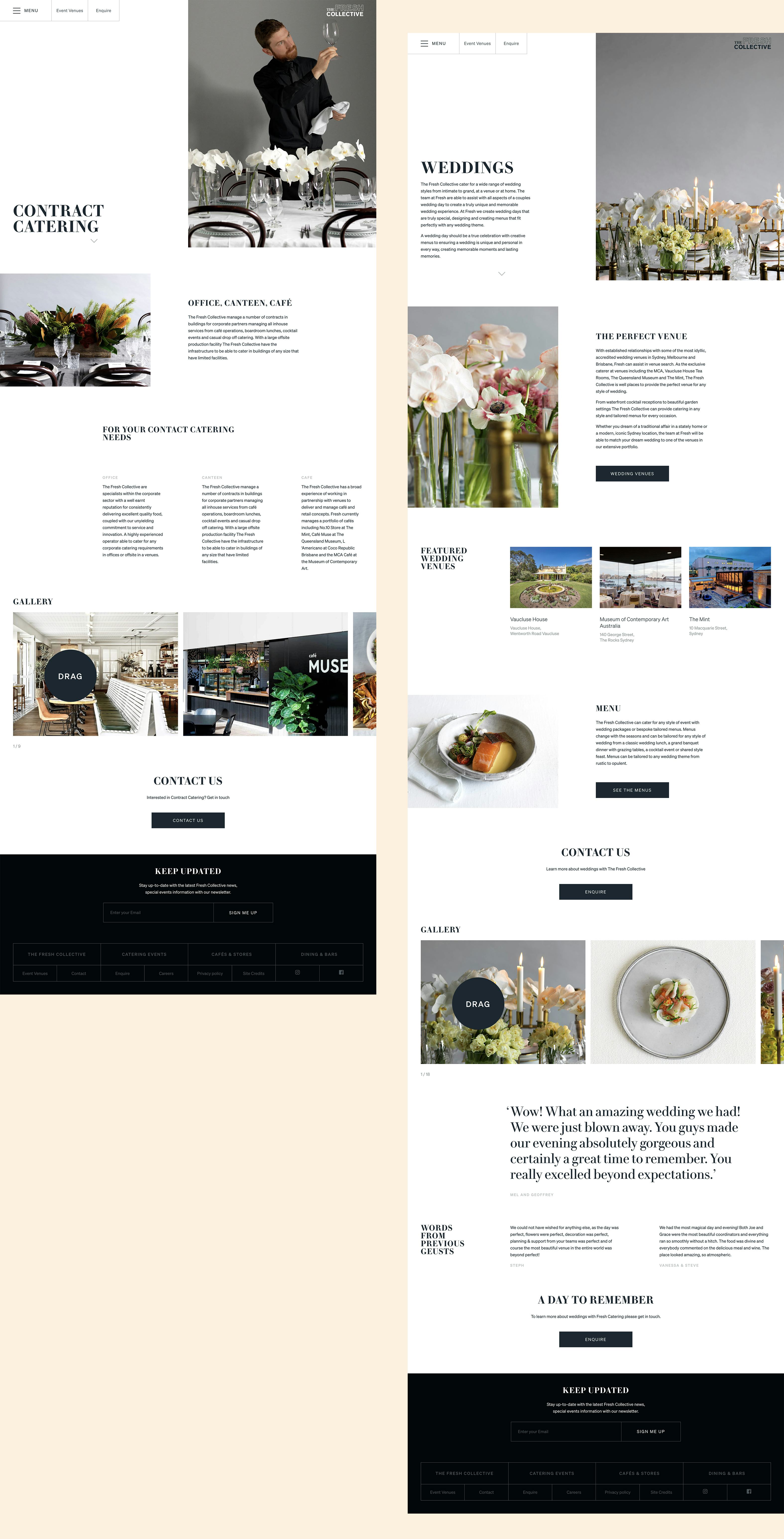 Fresh Collective website pages - weddings and contract catering
